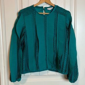 Calligraphie teal pleated and ruffle long sleeve blouse Sz Large